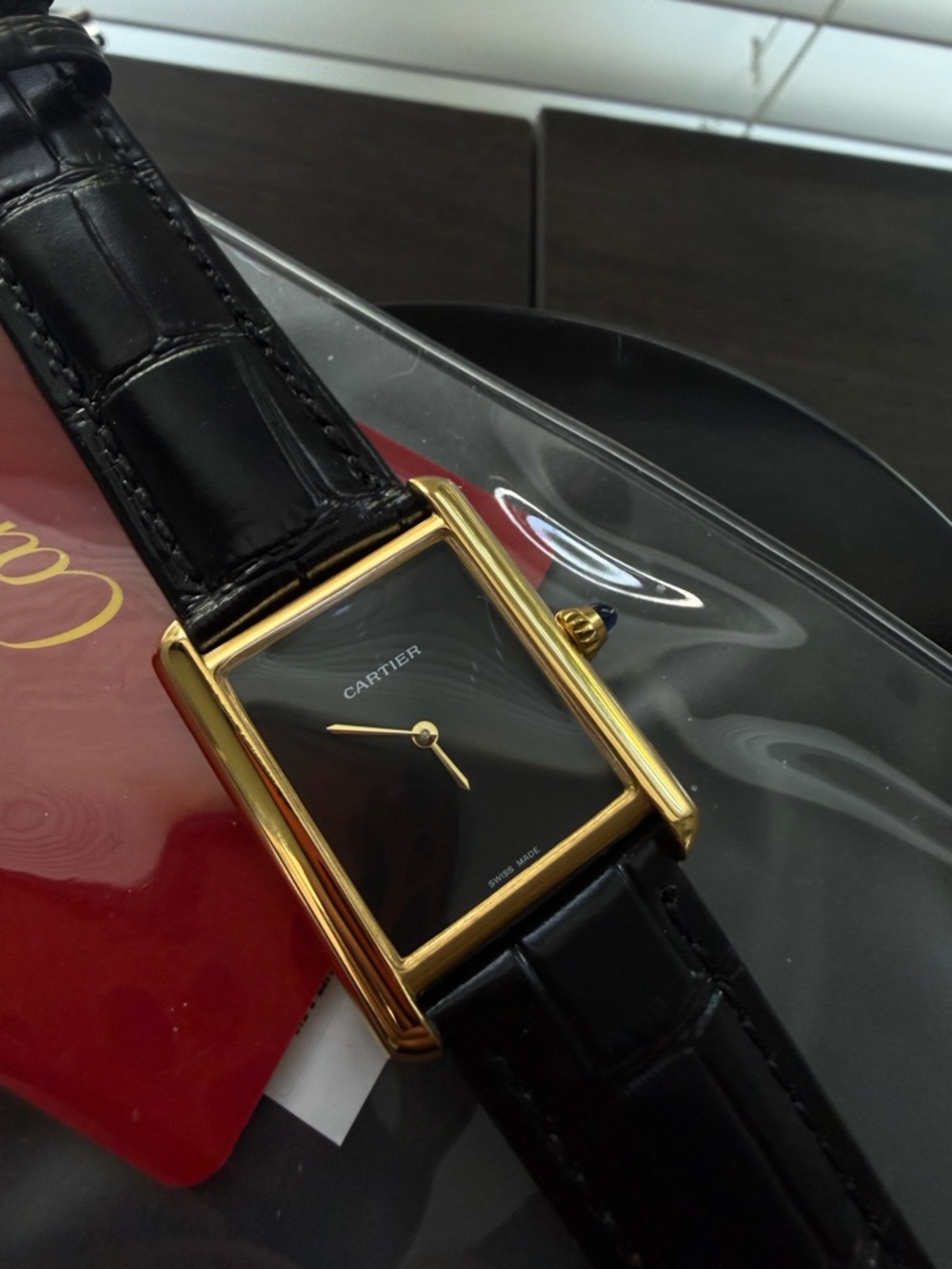 Cartier Gold Case Watch with Black Strap